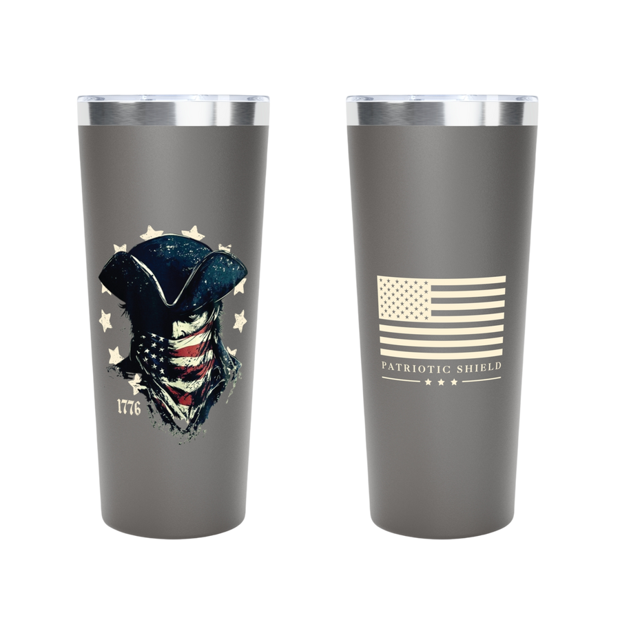 bold patriotic graphics on stainless steel tumbler. grey