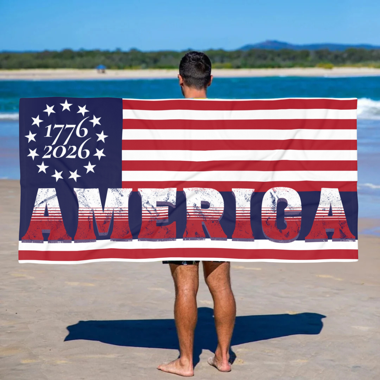 patriotic 13 star Betsy Ross American flag beach towel celebrating America 250