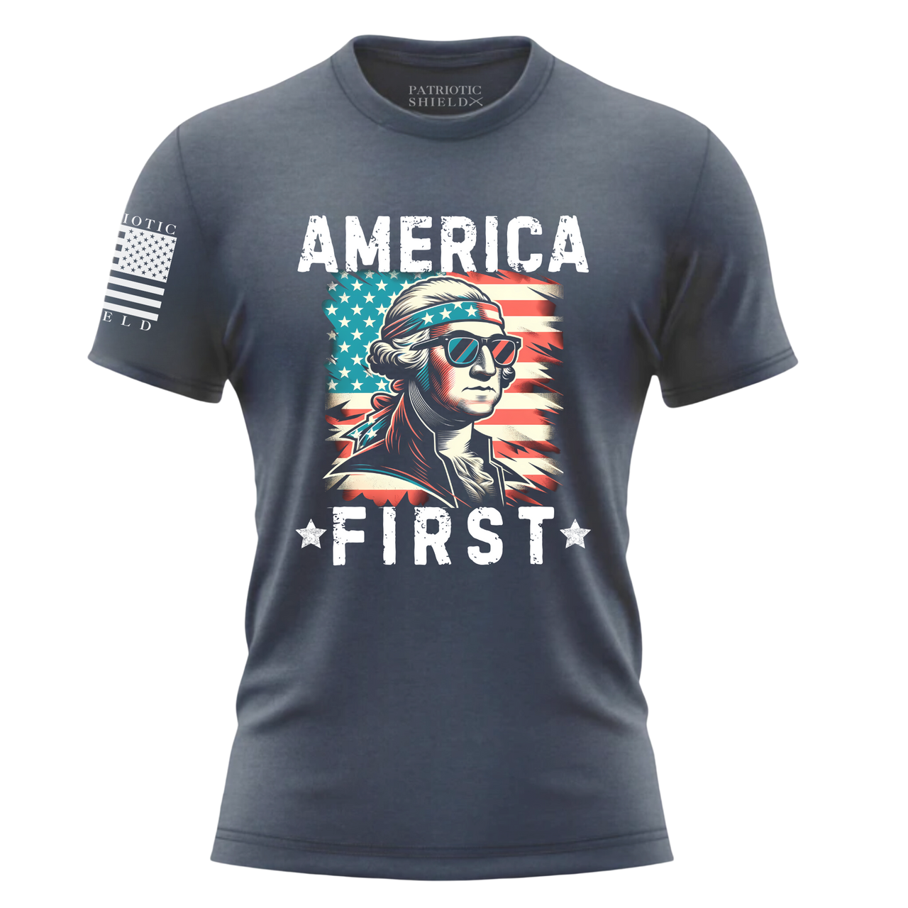 Women’s America First shirt with patriotic flair. Navy