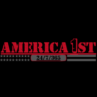 Red 'AMERICA 1ST' 24/7/365 text with American flag design on a black background