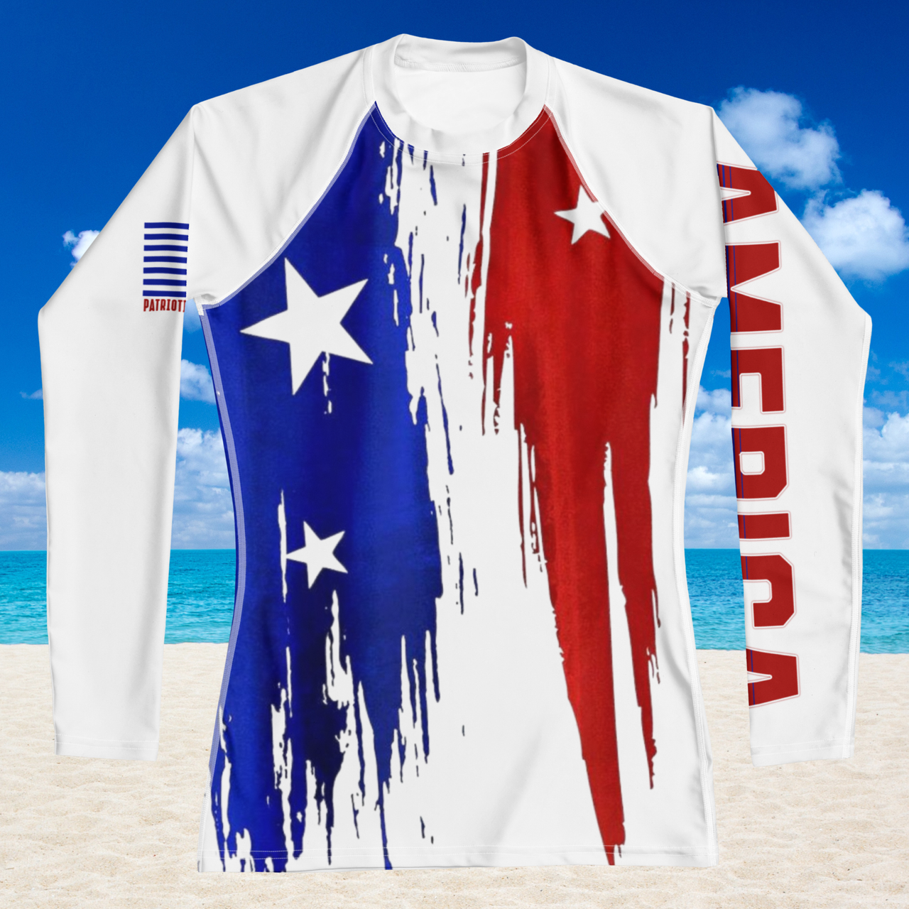 America patriotic long sleeve rash guard with bold America sleeve graphic and UPF 50 protection