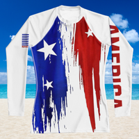 America patriotic long sleeve rash guard with bold America sleeve graphic and UPF 50 protection