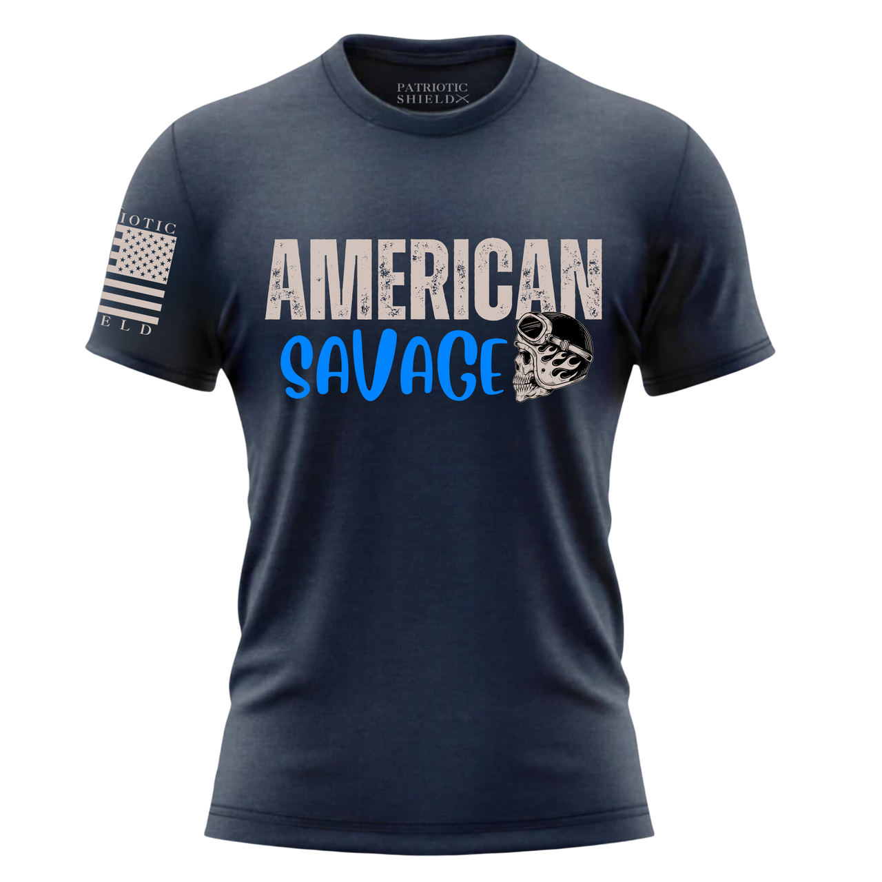 American Savage T-Shirt celebrating freedom and fearless living. Navy