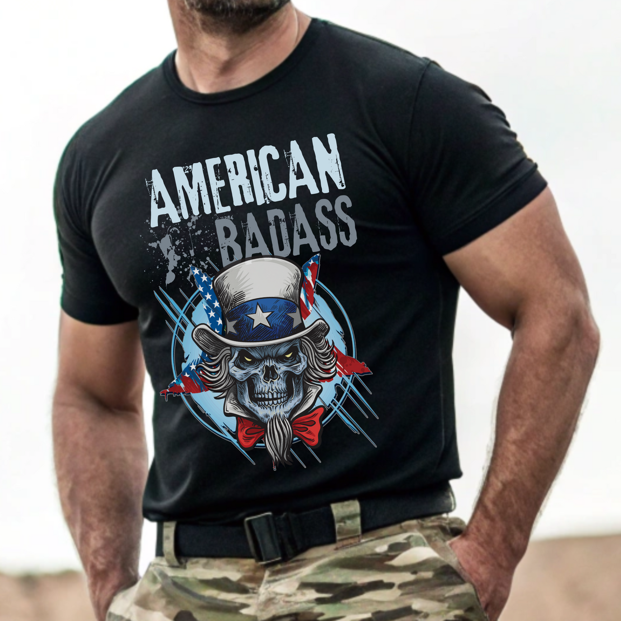 American Badass T-Shirt - Bold and defiant patriotic design.