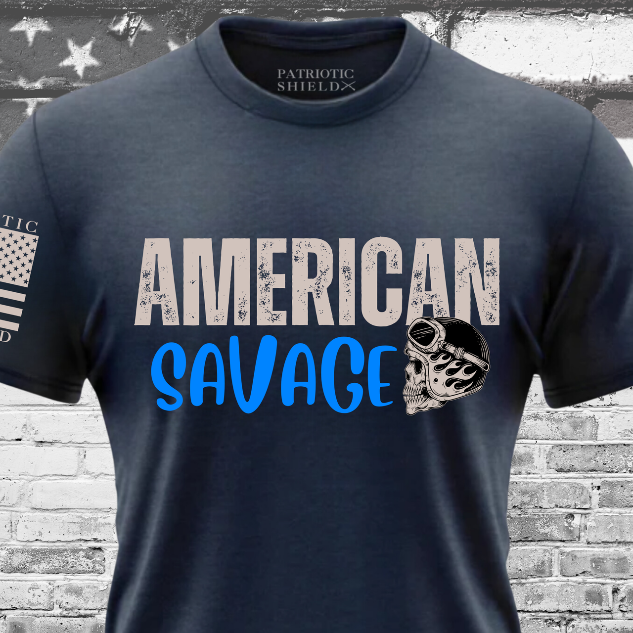 Striking American Savage T-Shirt for rebellious patriotic warriors.