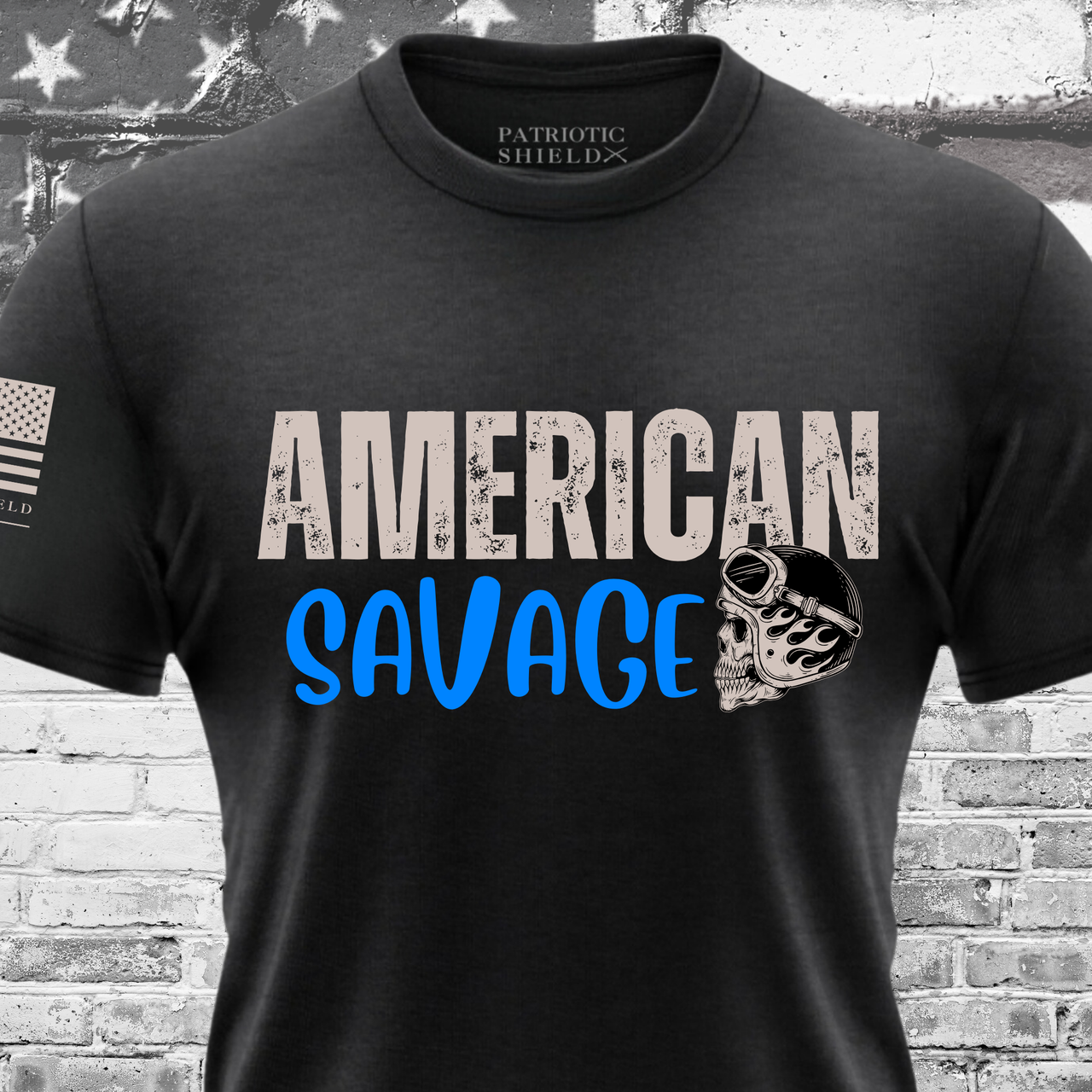 Striking American Savage T-Shirt for rebellious patriotic warriors.