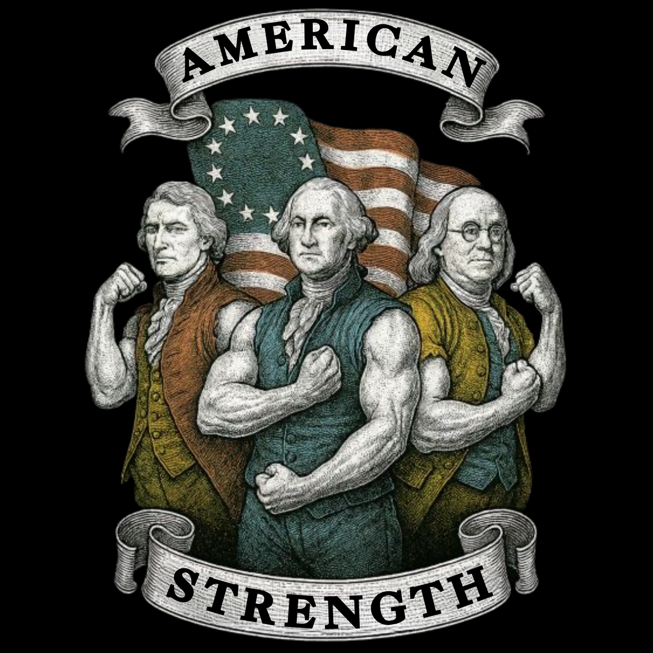 Illustration of three founding fathers flexing muscles with an American flag in the background, labeled 'American Strength'.