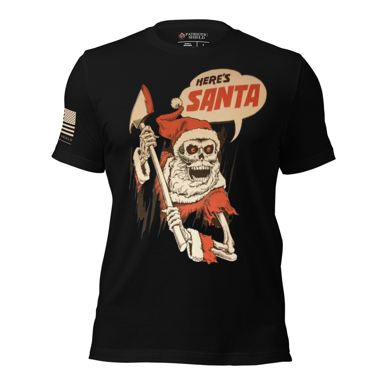 Black t-shirt with a graphic of a skeleton in a Santa outfit holding an axe, with 'Here's Santa' text. black