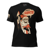 Black t-shirt with a graphic of a skeleton in a Santa outfit holding an axe, with 'Here's Santa' text. black