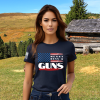 Thumbnail for Model wearing our Badass Babe Women’s T-Shirt with boldly saying messy buns and guns