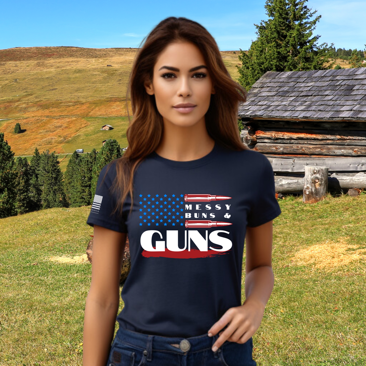 Badass Babe Women’s T-Shirt with boldly saying messy buns and guns