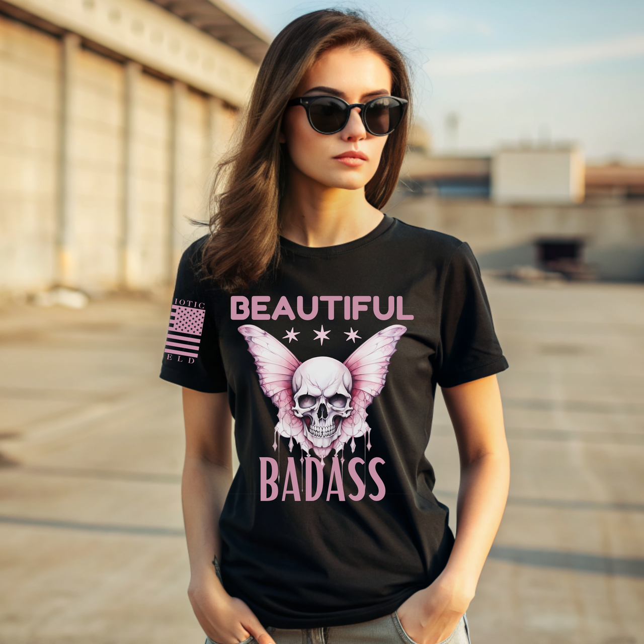 Model wearing Beautiful Badass Women’s T-Shirt with bold design