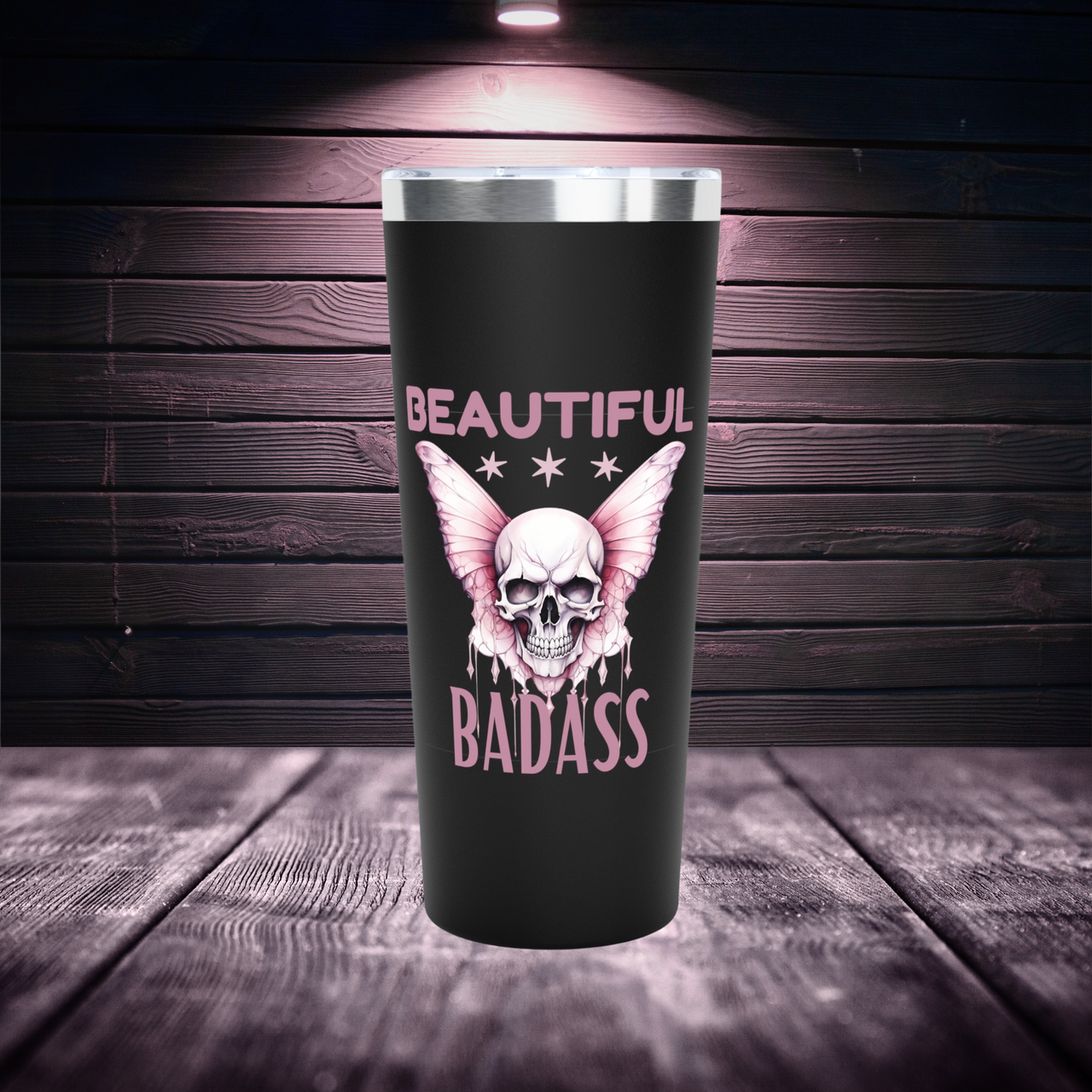 Front view of Beautiful Badass 20oz Tumbler for strong patriotic women