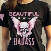 Thumbnail for Close-up of Beautiful Badass pink skull design on women’s patriotic T-shirt