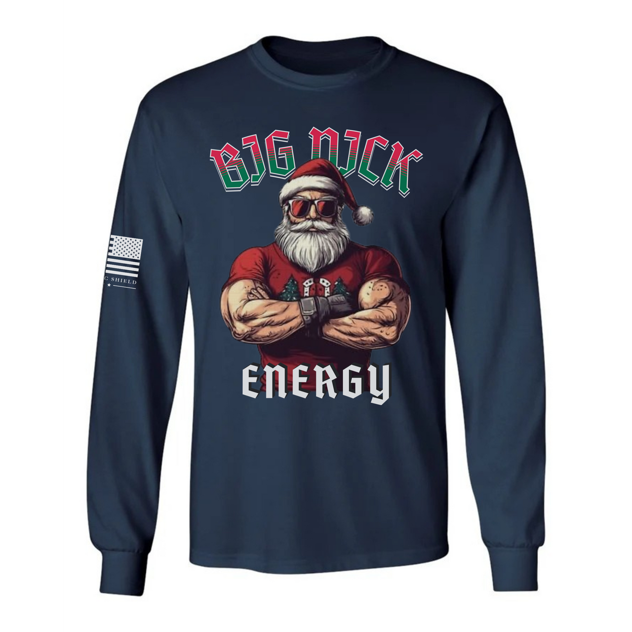 Navy long-sleeve shirt with a graphic of a muscular Santa Claus and text 'BIG NICK ENERGY' on a white background.