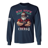 Navy long-sleeve shirt with a graphic of a muscular Santa Claus and text 'BIG NICK ENERGY' on a white background.