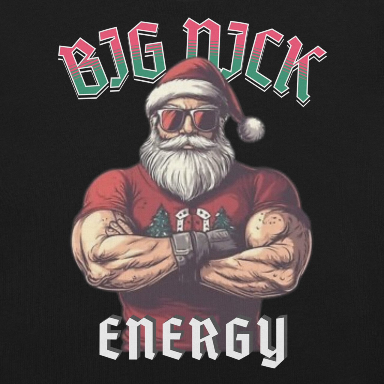 Illustration of a muscular Santa Claus with sunglasses, wearing a red shirt with 'BIG NICK' above and 'ENERGY' below on a black background.