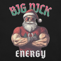 Illustration of a muscular Santa Claus with sunglasses, wearing a red shirt with 'BIG NICK' above and 'ENERGY' below on a black background.