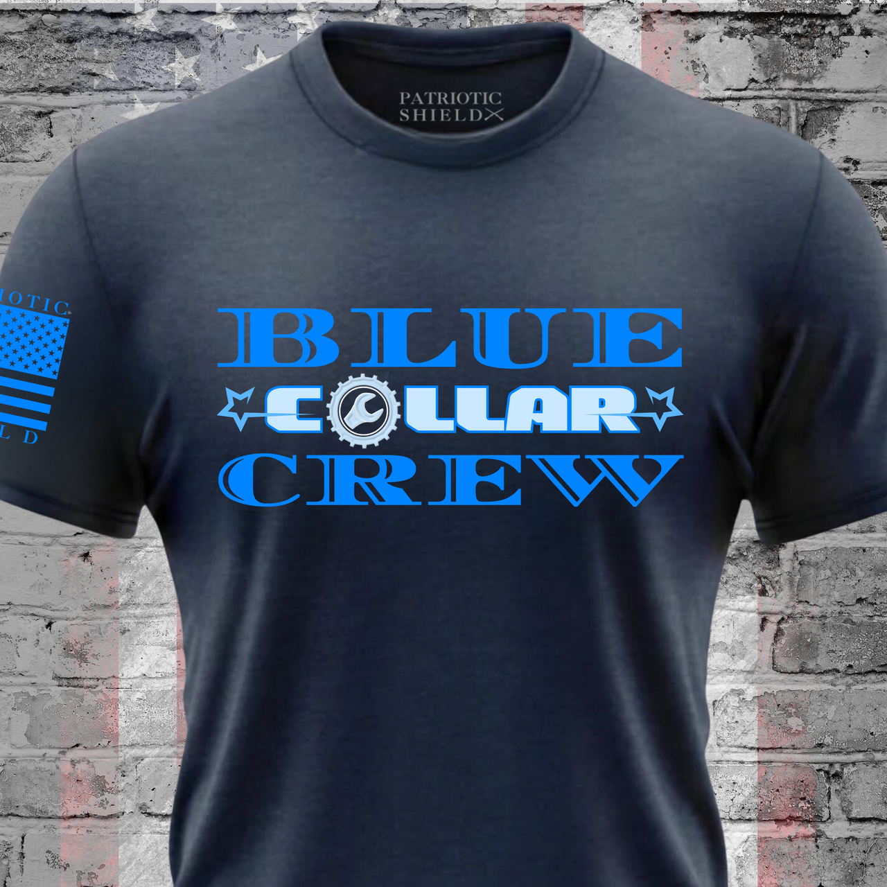 Blue Collar Crew T-Shirt - Patriotic design for hardworking Americans.