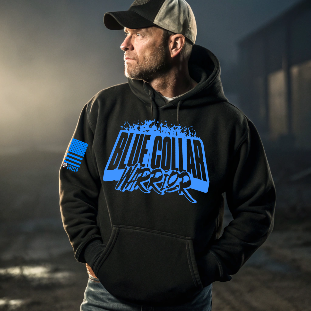 Blue Collar Hoodie with Warrior Spirit American Flag