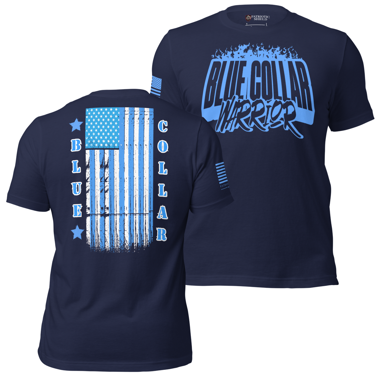 Patriotic blue collar t-shirt honoring hardworking Americans. navy