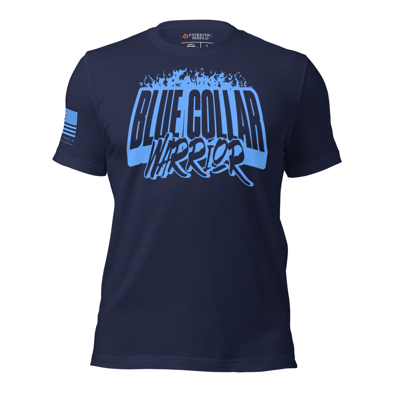 Patriotic blue collar t-shirt honoring hardworking Americans. navy