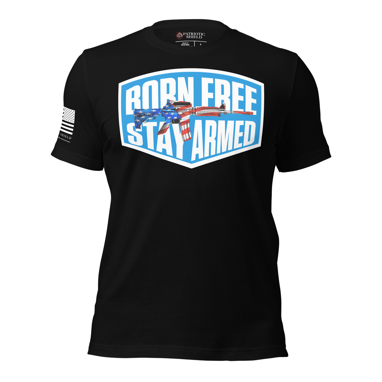 Born Free Stay Armed t-shirt American values apparel. black