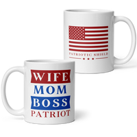 white ceramic coffee cup boss lady for strong American women. 11 oz