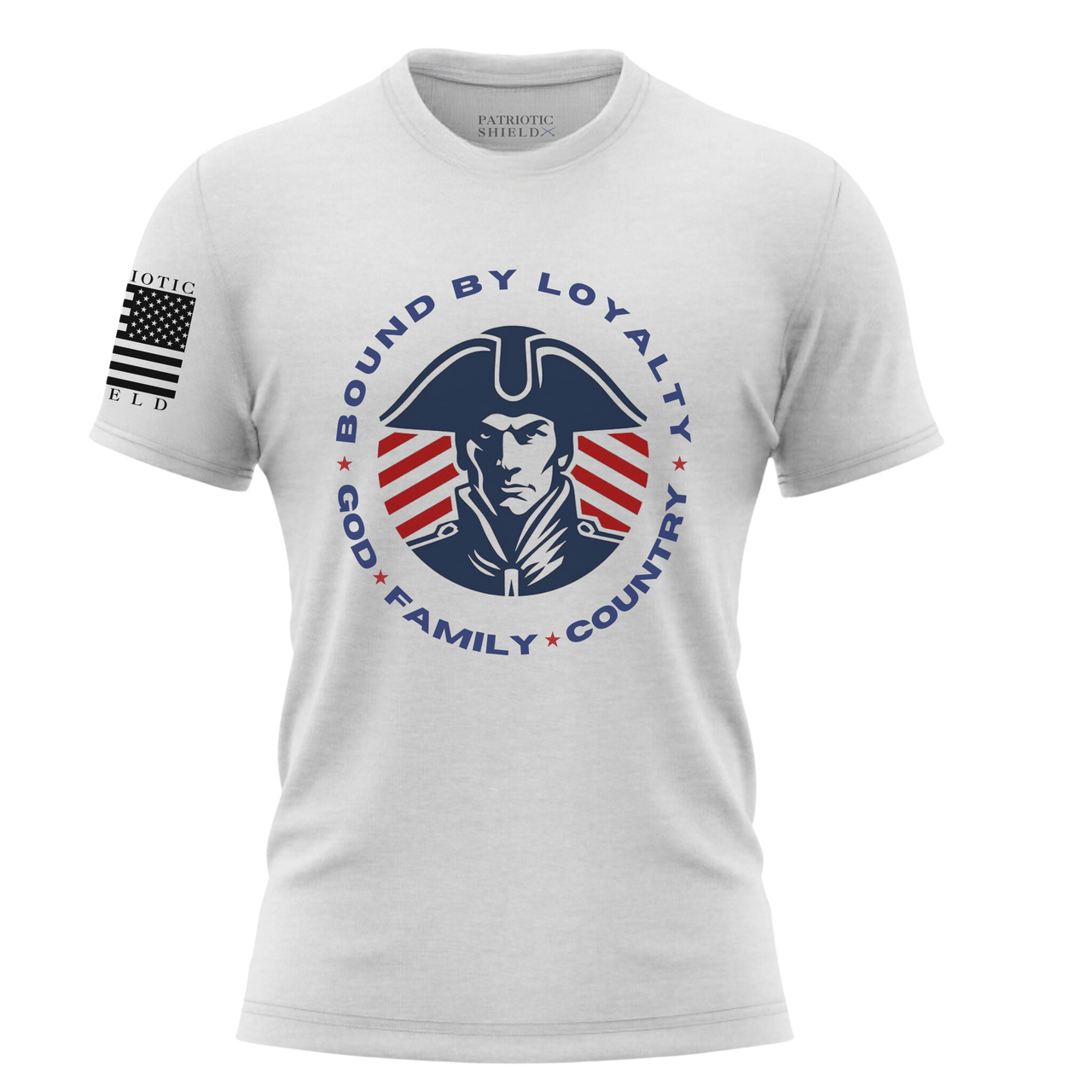 Bound by Loyalty T-Shirt honoring values of faith and patriotism. White