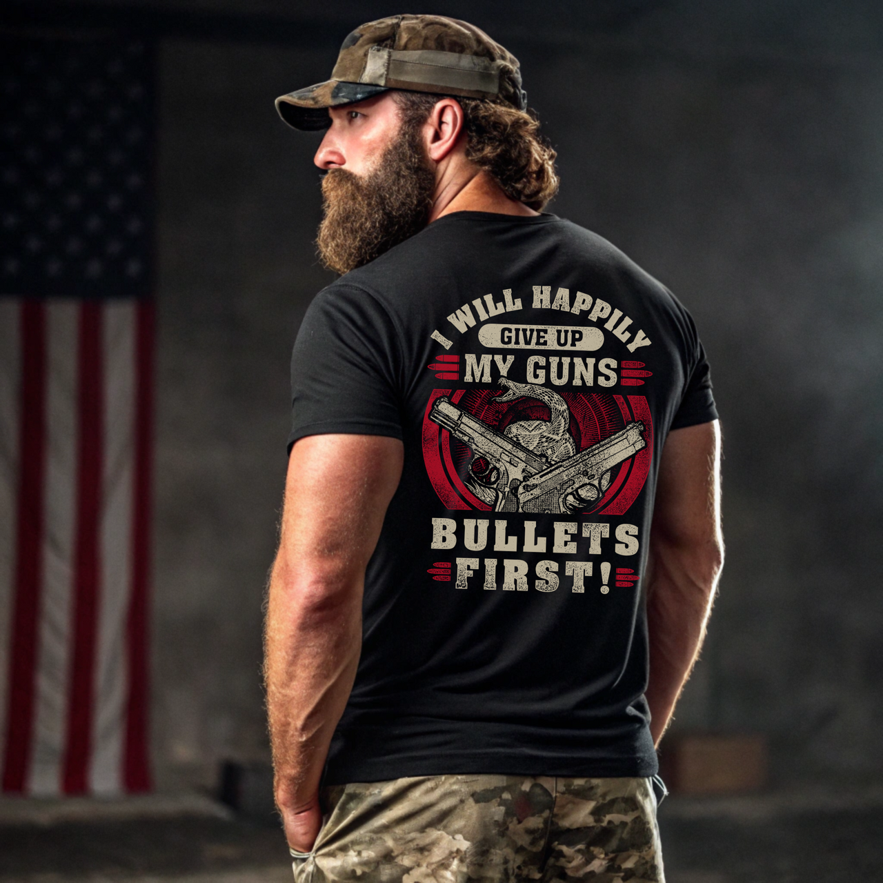 Bold and fearless Bullets First T-Shirt for defenders of the second amendment.