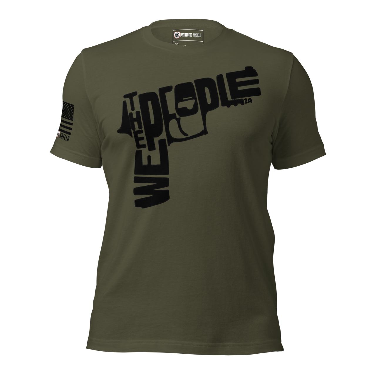 Bold 2A tee featuring We the People in a firearm shape. military green