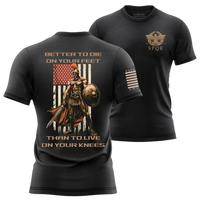 Thumbnail for Defiant Better to Die on Your Feet T-Shirt for modern warriors. Black