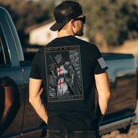 Gritty crusader knight graphic t-shirt Defend the Legacy
