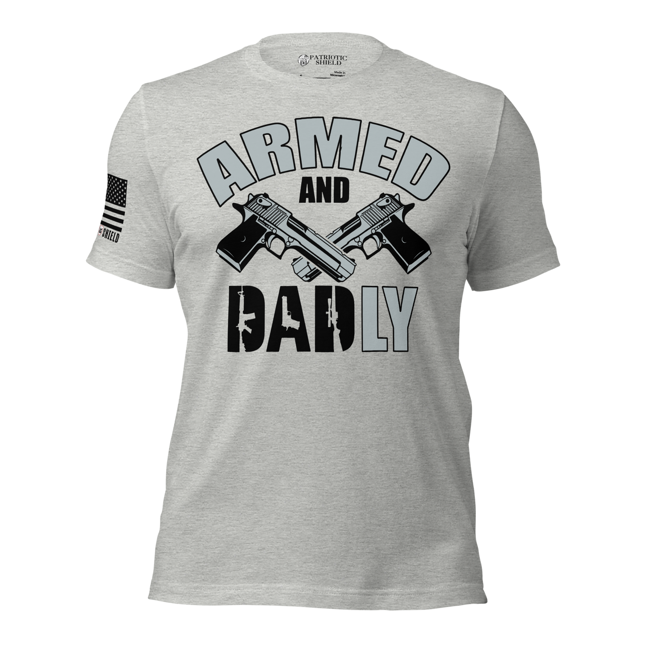 Military-style shirt for proud American fathers who love the 2nd amendment. heather athletic