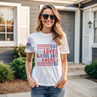 Thumbnail for Model wearing Devotion Women’s T-Shirt showing her love for Jesus and country