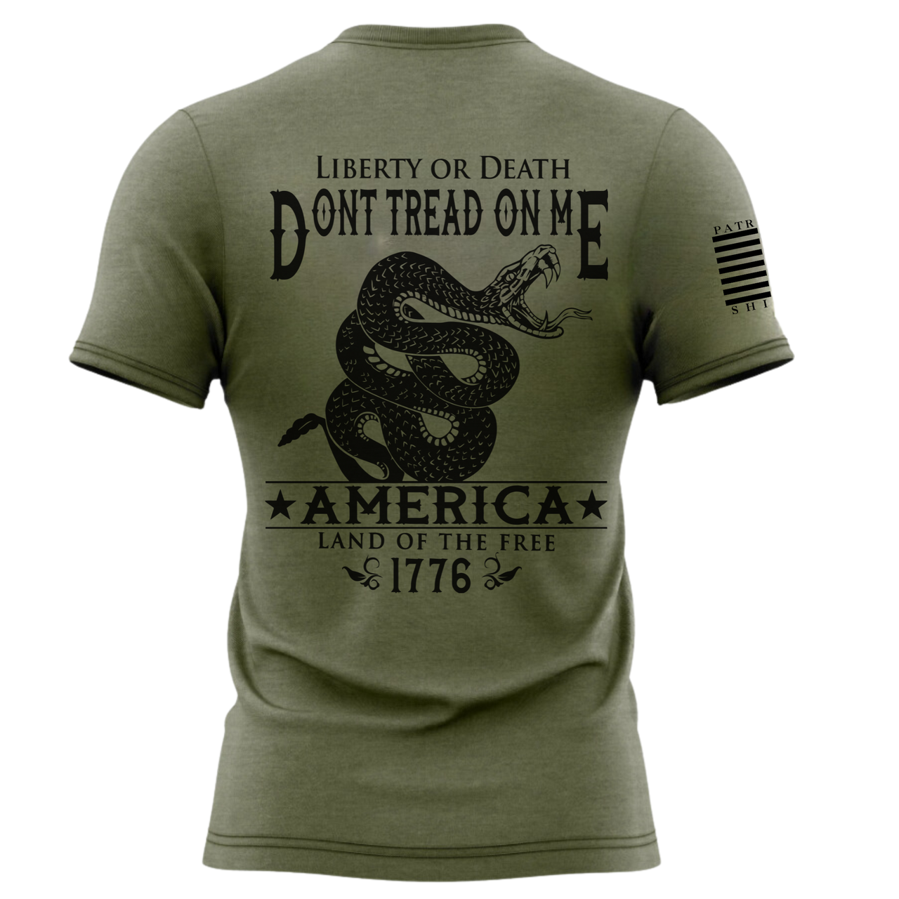 Iconic Don’t Tread on Me T-Shirt representing American pride. Military green