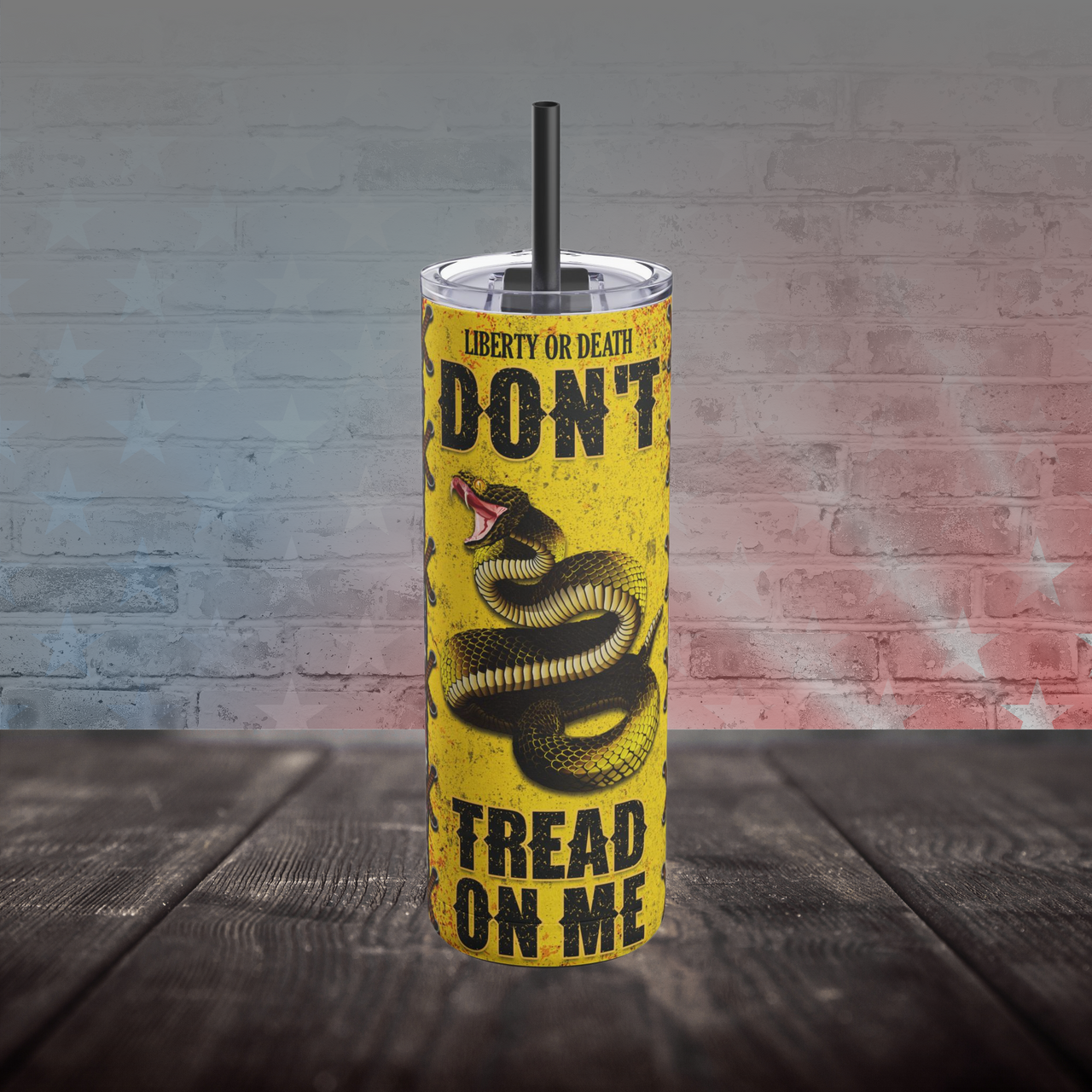 Don’t Tread on Me 20oz skinny tumbler with matte black patriotic design