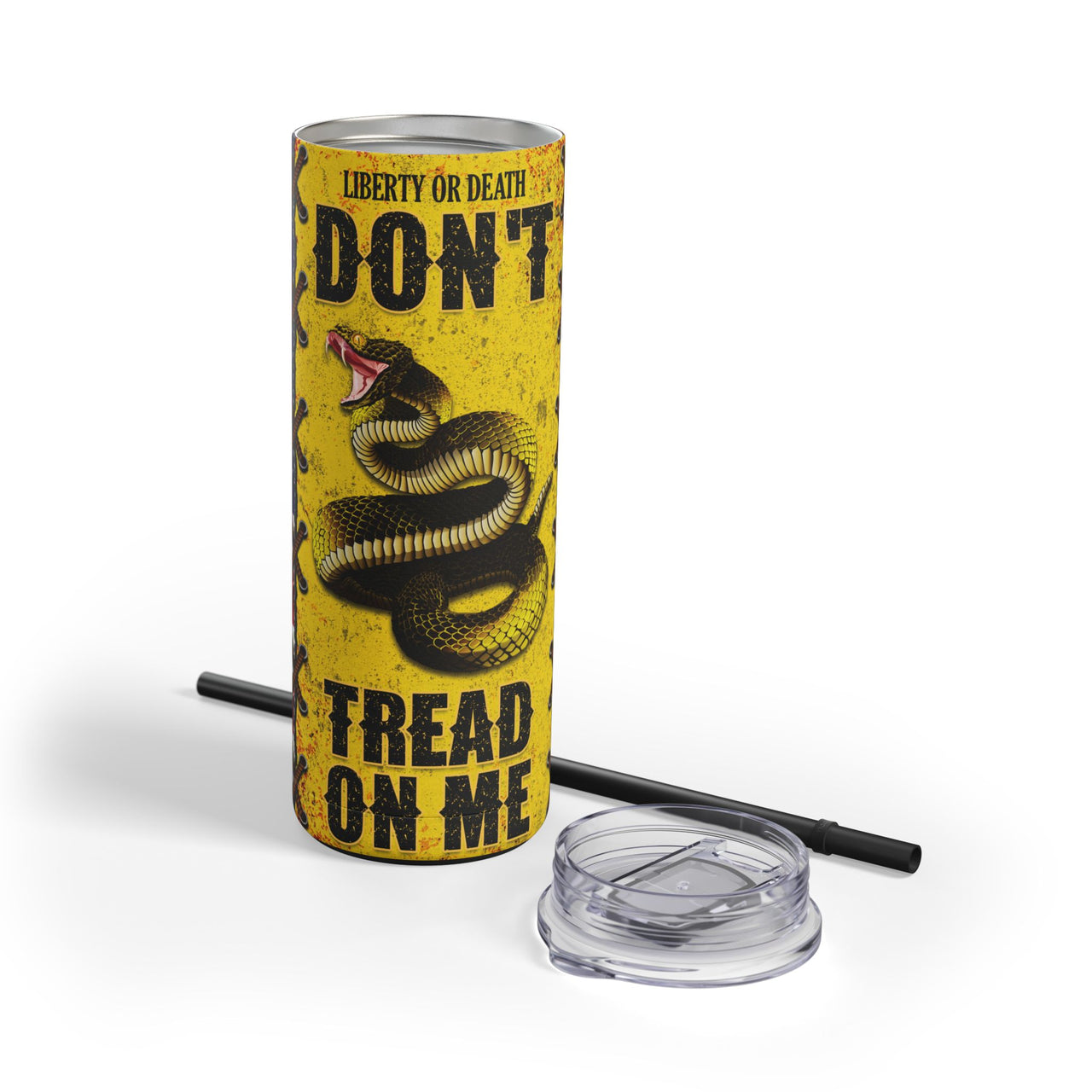 Close-up of Gadsden flag design on skinny matte black tumbler
