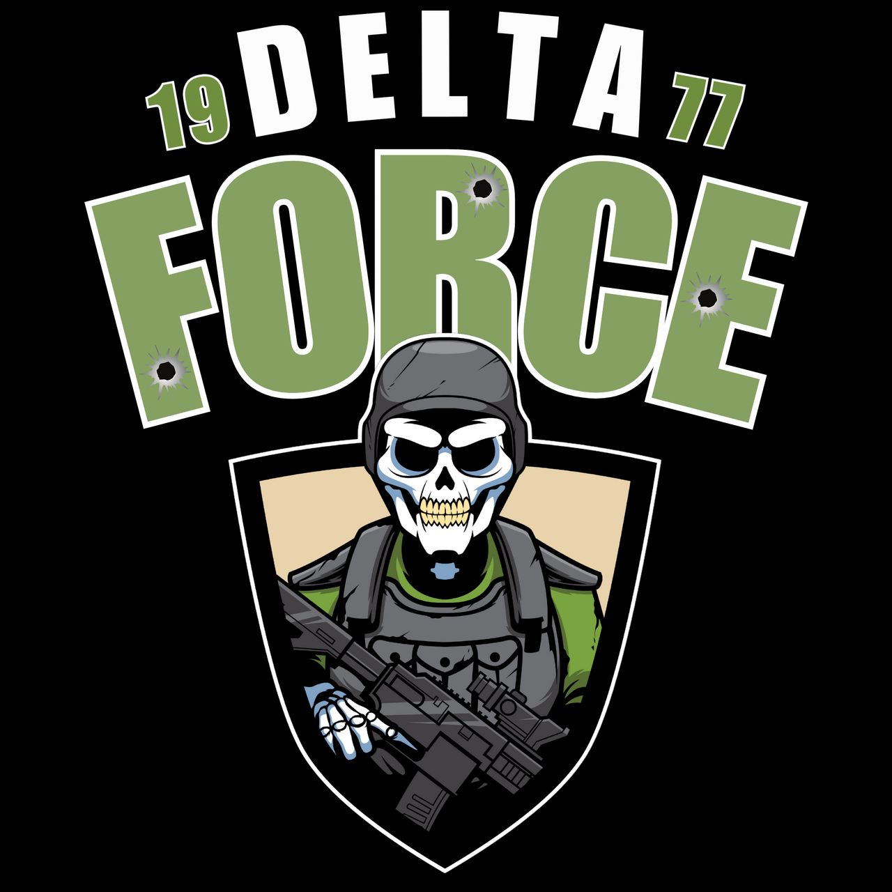 Delta Force graphic design with a skeleton in tactical gear and rifle on a black background