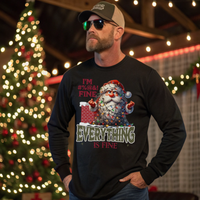 Man wearing a black sweatshirt with a Christmas-themed design in front of a decorated tree.