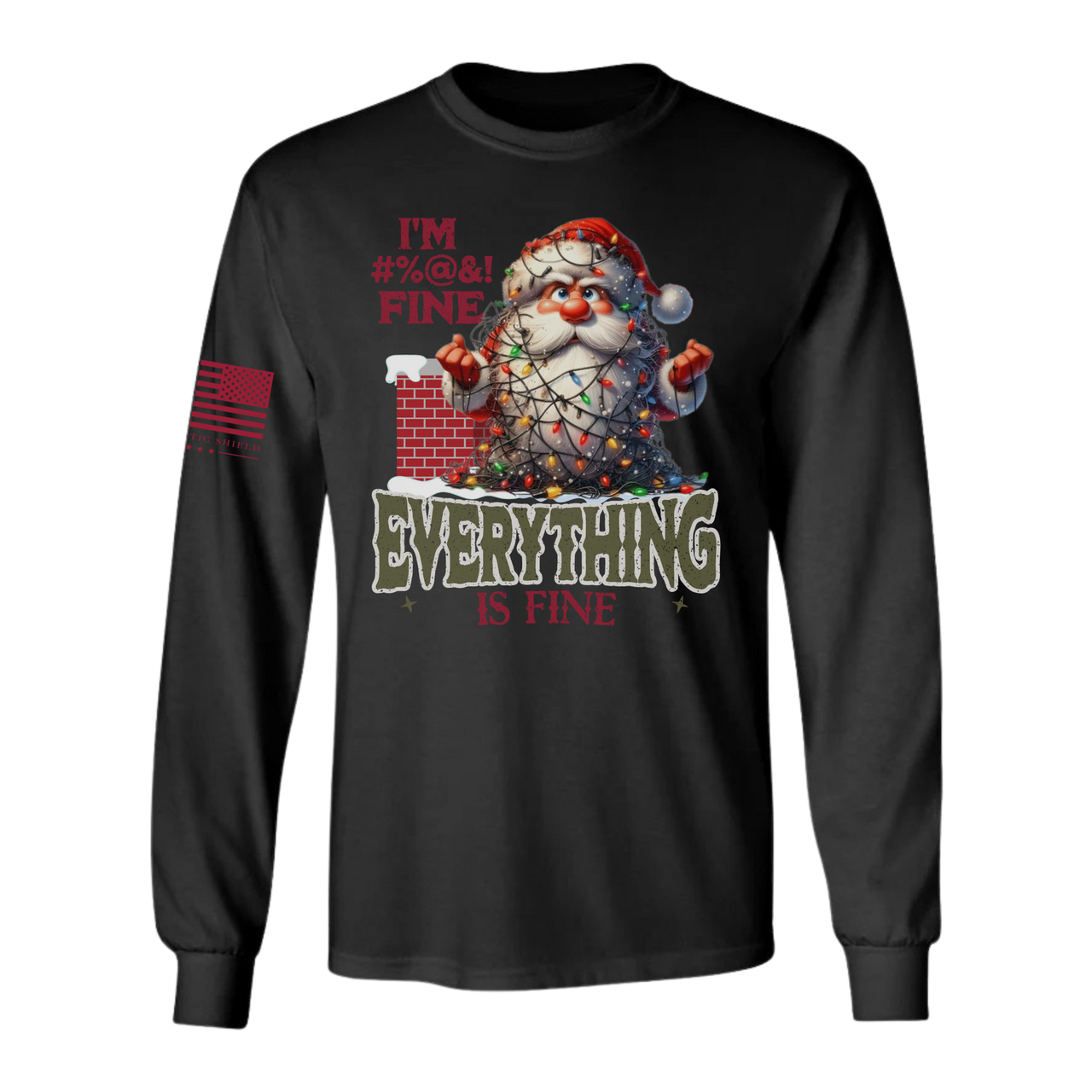 Black long-sleeve shirt with Santa Claus graphic with Sata tangled in lights