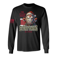 Black long-sleeve shirt with Santa Claus graphic with Sata tangled in lights