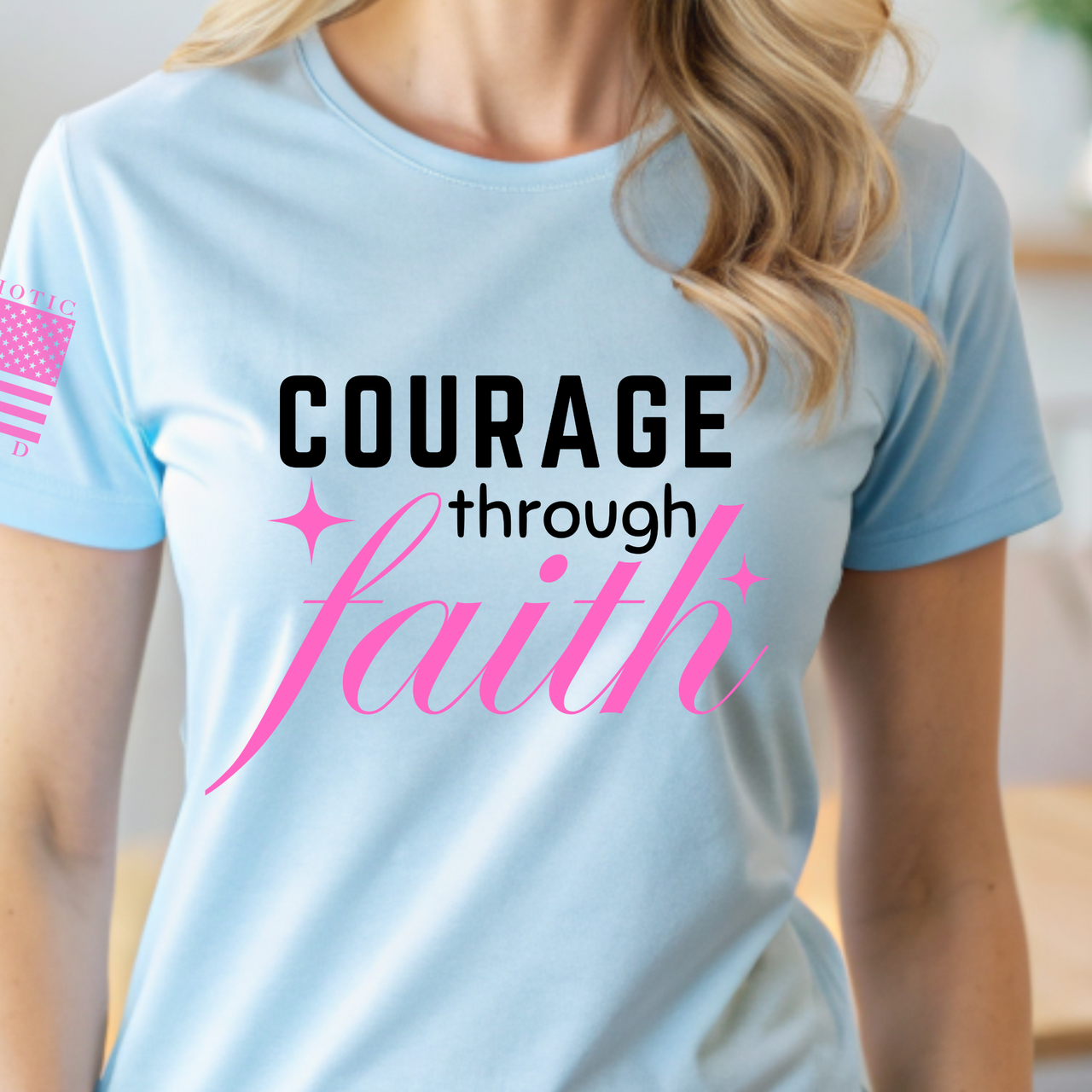 Close-up of Christian Warrior inspirational words on women’s T-shirt