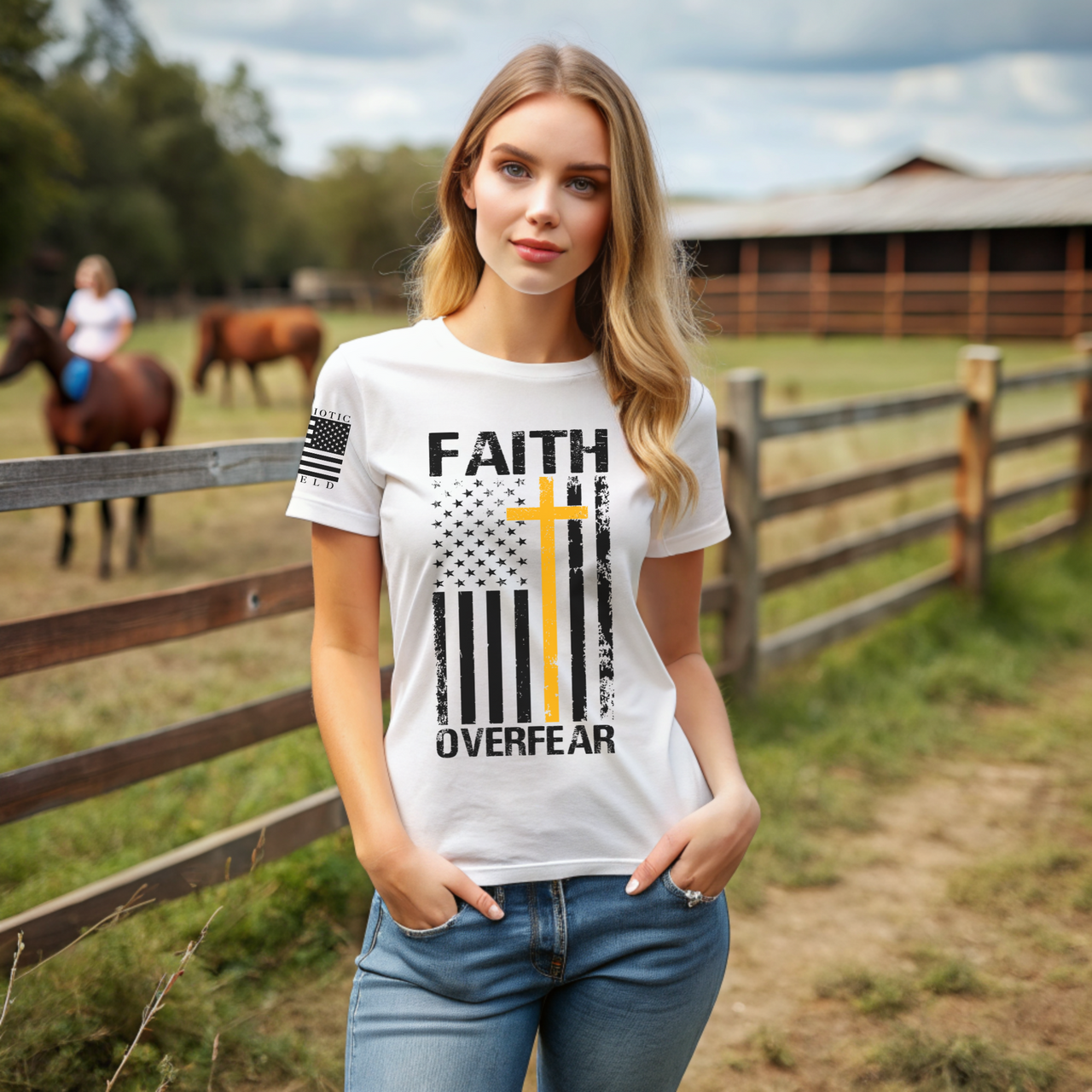 Model wearing our Faith Over Fear Women’s T-Shirt with cross and American flag design