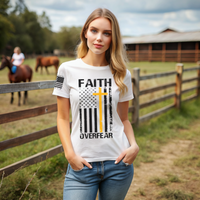 Thumbnail for Model wearing our Faith Over Fear Women’s T-Shirt with cross and American flag design