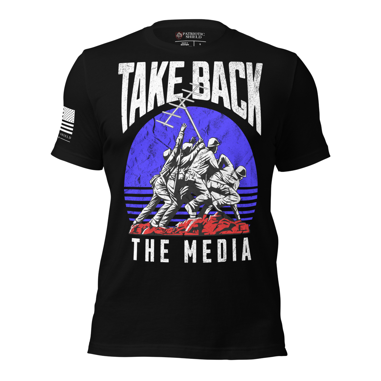 Bold Take Back The Media graphic t-shirt for patriots. black