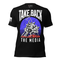 Bold Take Back The Media graphic t-shirt for patriots. black