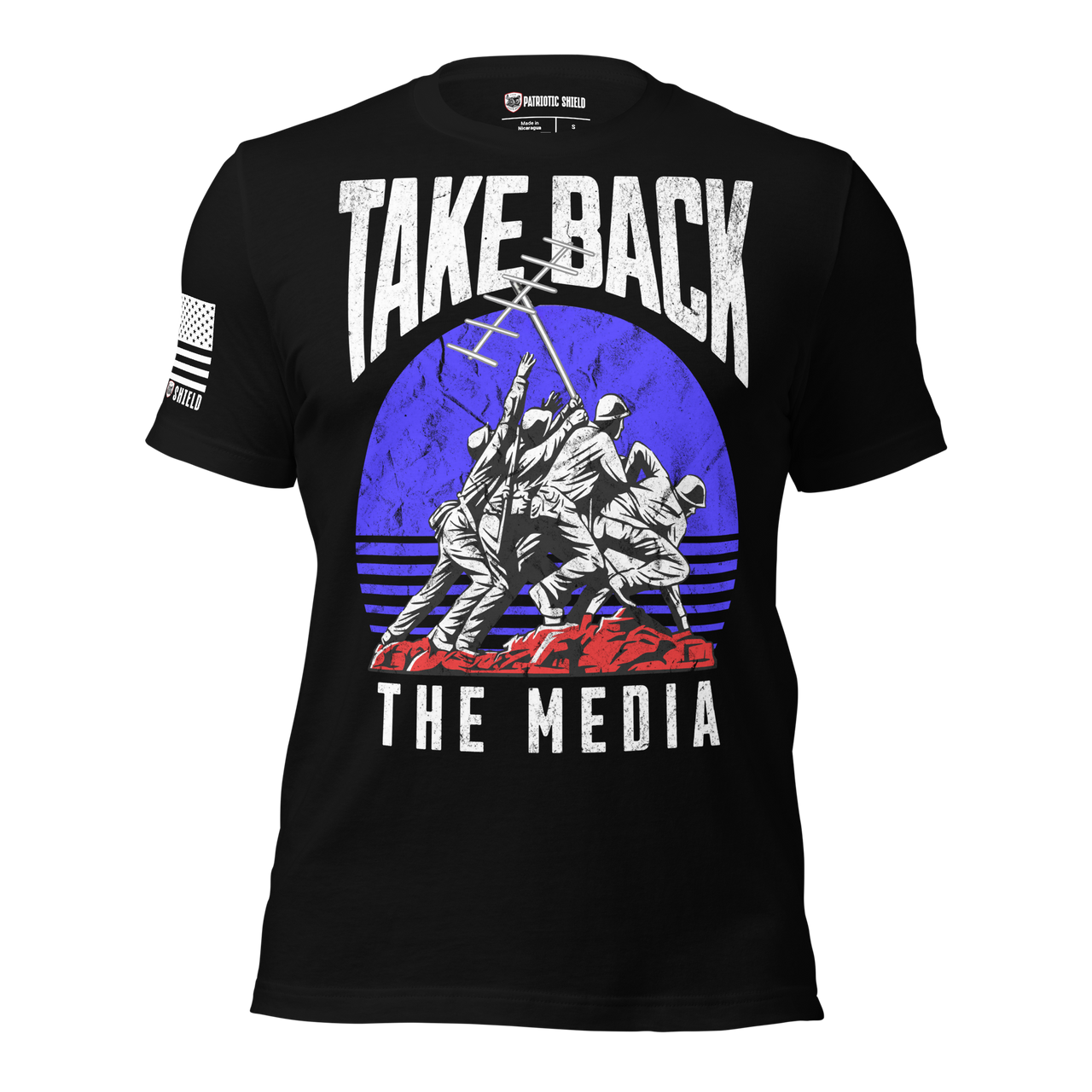 Bold Take Back The Media graphic t-shirt for patriots. black