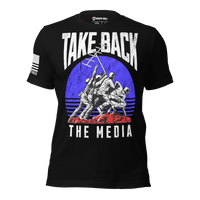 Bold Take Back The Media graphic t-shirt for patriots. black