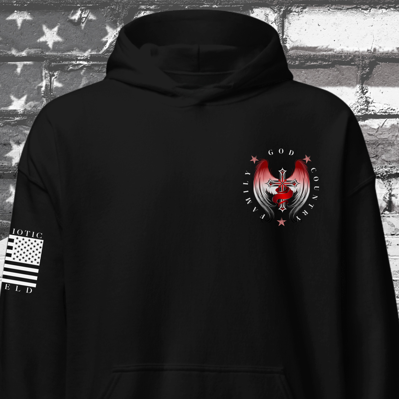 'Family, God, Country' hoodie design featuring a detailed winged cross and bold text, symbolizing faith and patriotism.